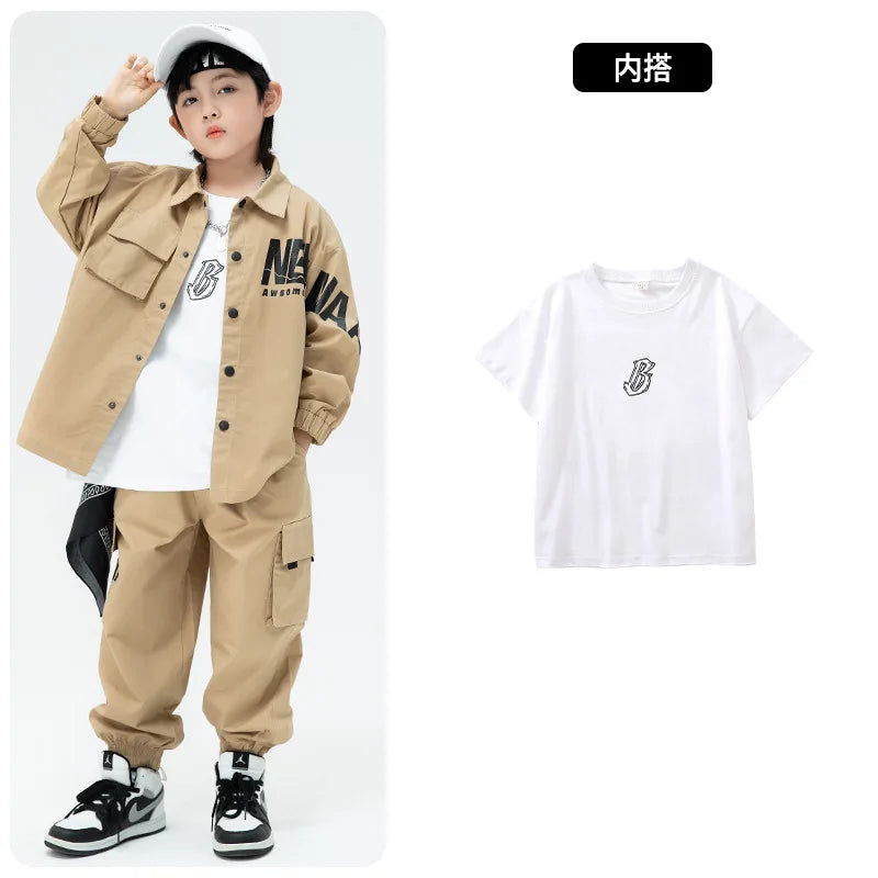 Kid Hip Hop Khaki Shirt Jacket Set