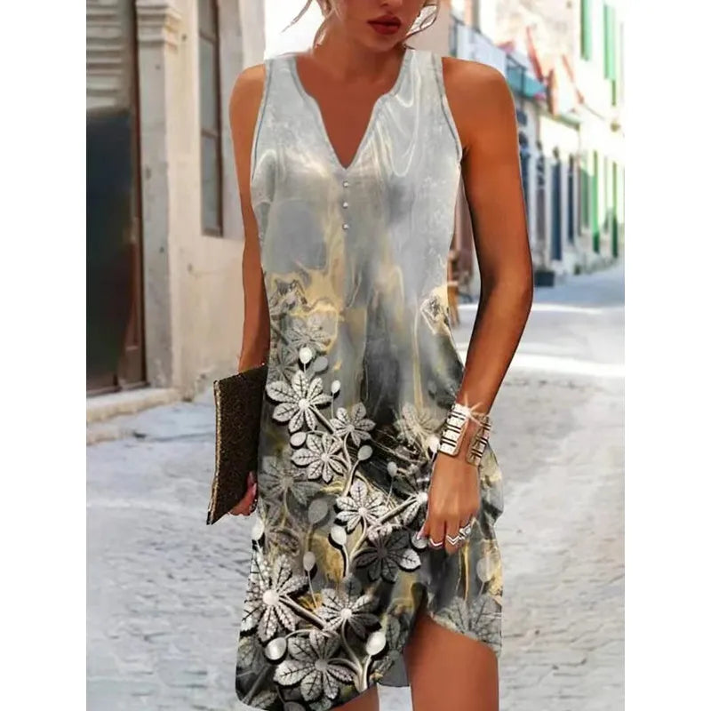 Women Printed V-Neck Sleeveless Dress