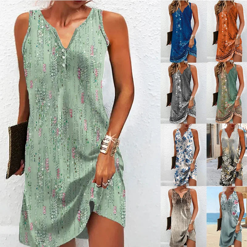 Women Printed V-Neck Sleeveless Dress