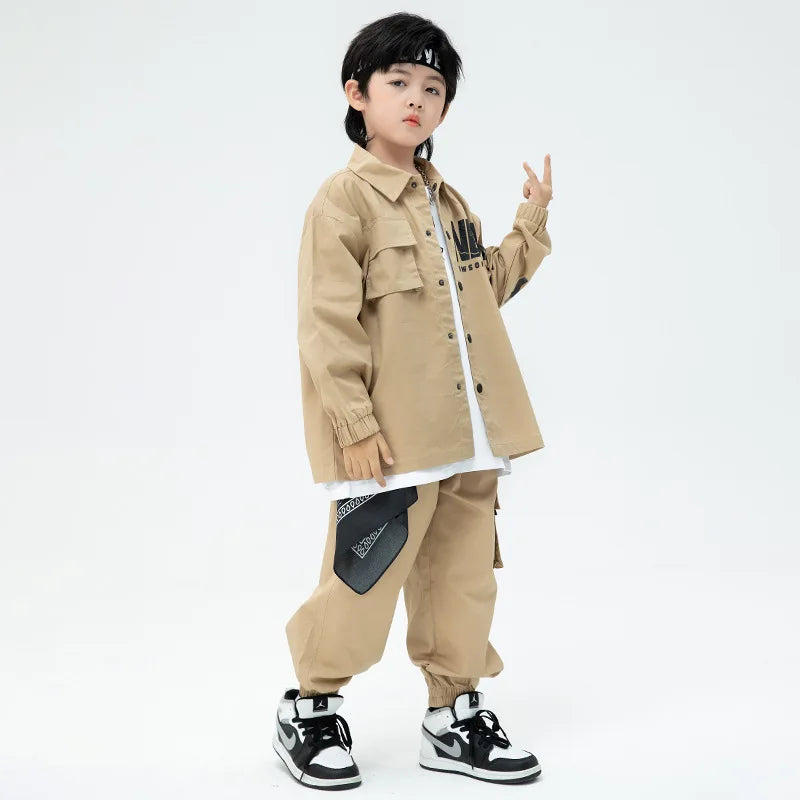 Kid Hip Hop Khaki Shirt Jacket Set