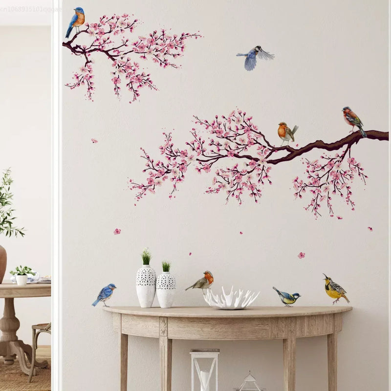 Pink Plum Tree Birds Wall Stickers