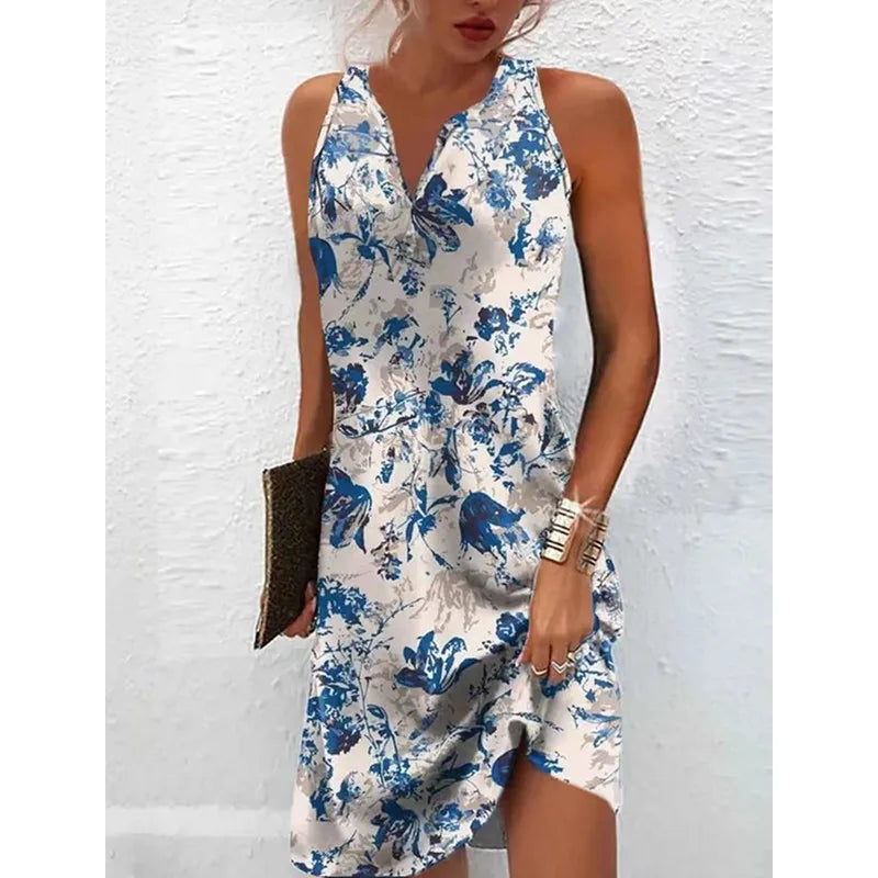 Women Printed V-Neck Sleeveless Dress