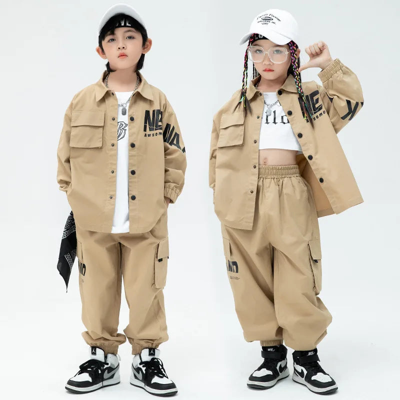 Kid Hip Hop Khaki Shirt Jacket Set