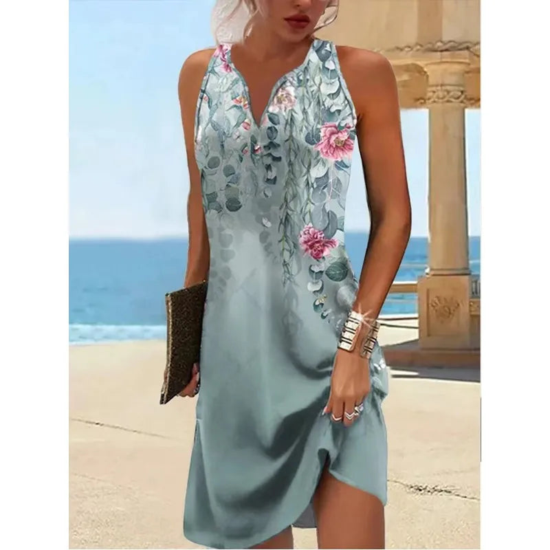 Women Printed V-Neck Sleeveless Dress