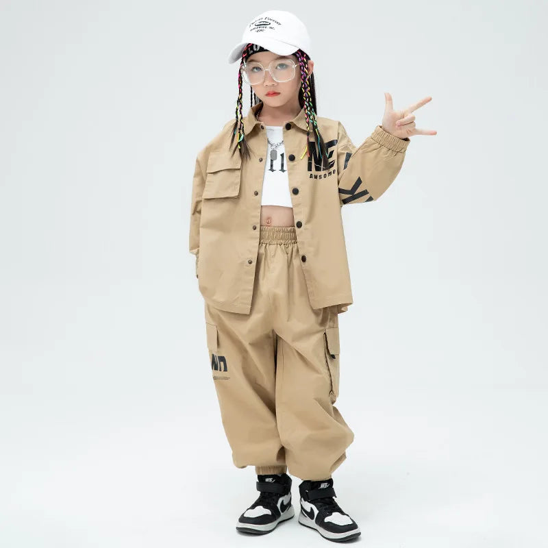 Kid Hip Hop Khaki Shirt Jacket Set