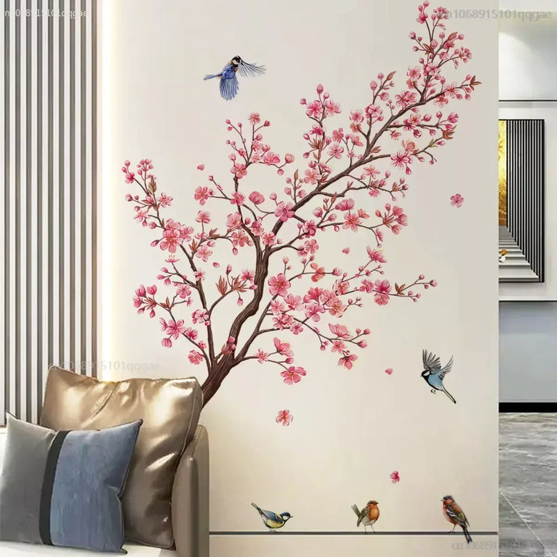 Pink Plum Tree Birds Wall Stickers