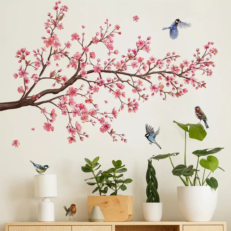 Pink Plum Tree Birds Wall Stickers