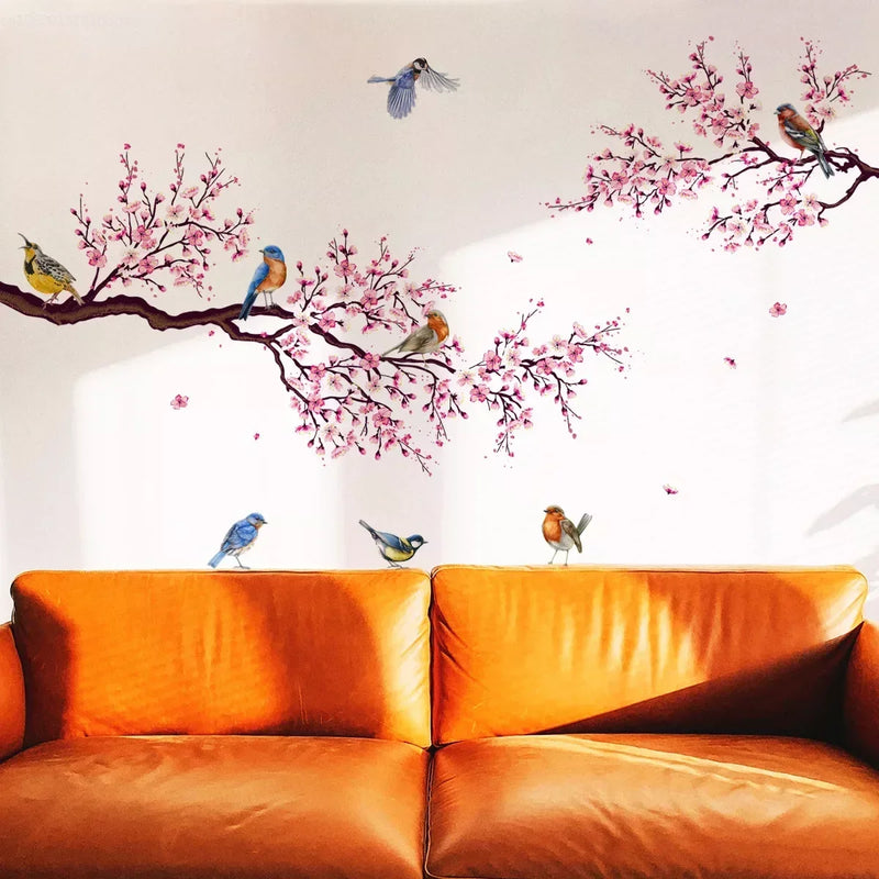 Pink Plum Tree Birds Wall Stickers