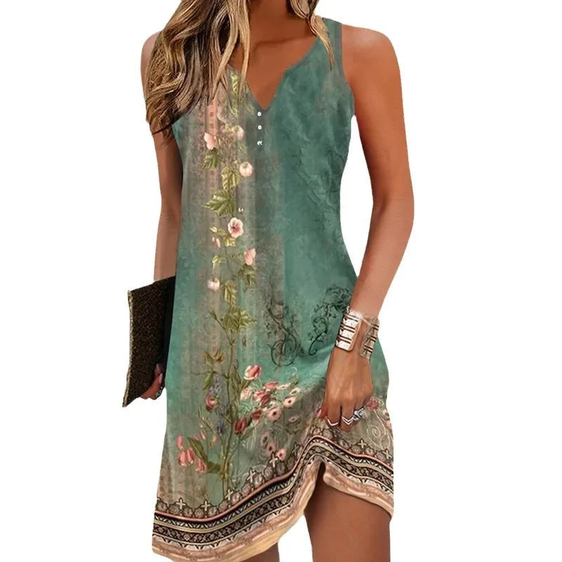 Women Printed V-Neck Sleeveless Dress